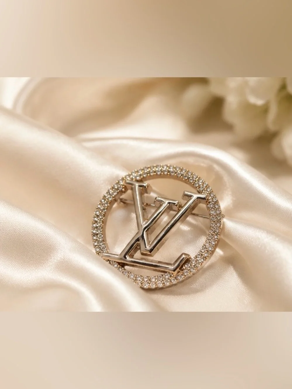 Gold Tone Crystal Circle Monogram Style Statement Brooch Pin